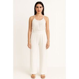 PrAna Fernie Wide Leg Jumpsuit White Size L NWT Lightweight Semi-Sheer Coverup